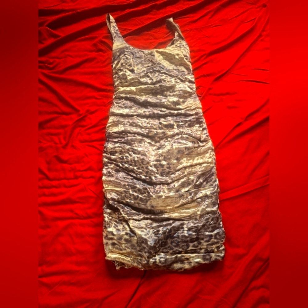 Nicole Miller Gold and Black Ruched Bodycon Midi Dress